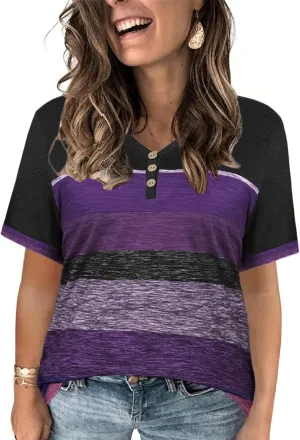 VISLILY Womens-Plus-Size-Summer-Tops Dressy V Neck T Shirts Trendy Striped Color Block Short Sleeve Buttons Up Blouses Tunics