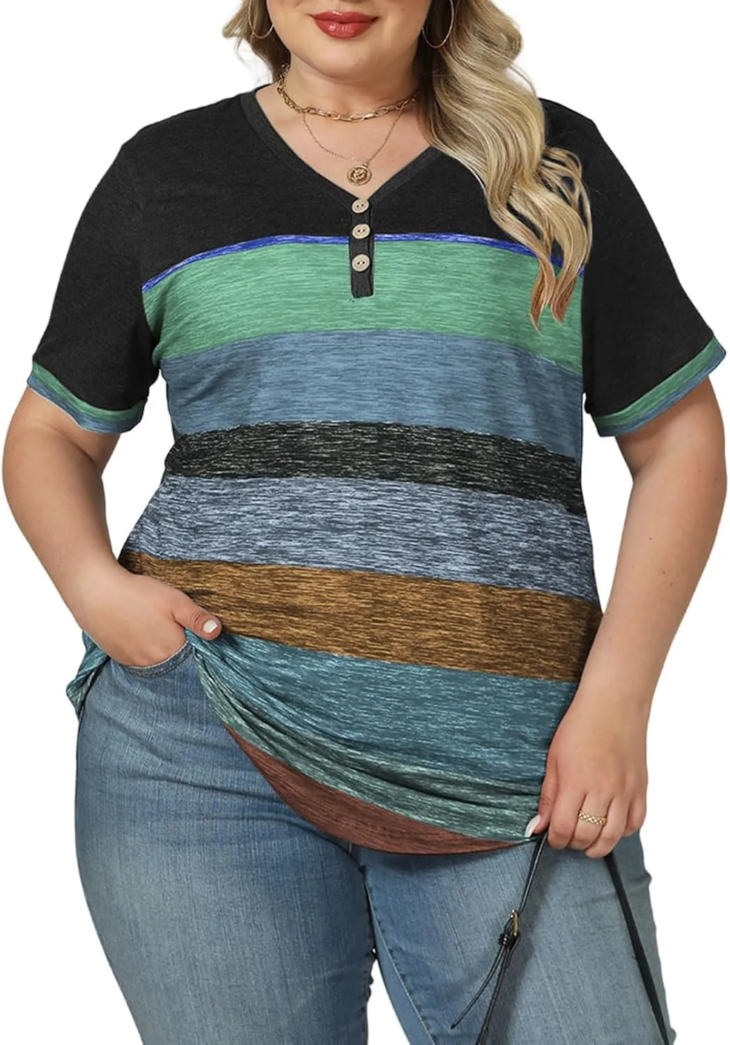 VISLILY Womens-Plus-Size-Summer-Tops Dressy V Neck T Shirts Trendy Striped Color Block Short Sleeve Buttons Up Blouses Tunics