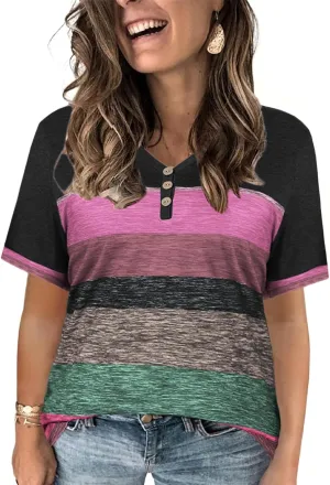 VISLILY Womens-Plus-Size-Summer-Tops Dressy V Neck T Shirts Trendy Striped Color Block Short Sleeve Buttons Up Blouses Tunics