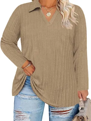 VISLILY Womens-Plus-Size-Tops-2025 Polo V Neck Shirts Lapel Collared Work Blouses Casual Long Sleeve Knit Tunics XL-5XL