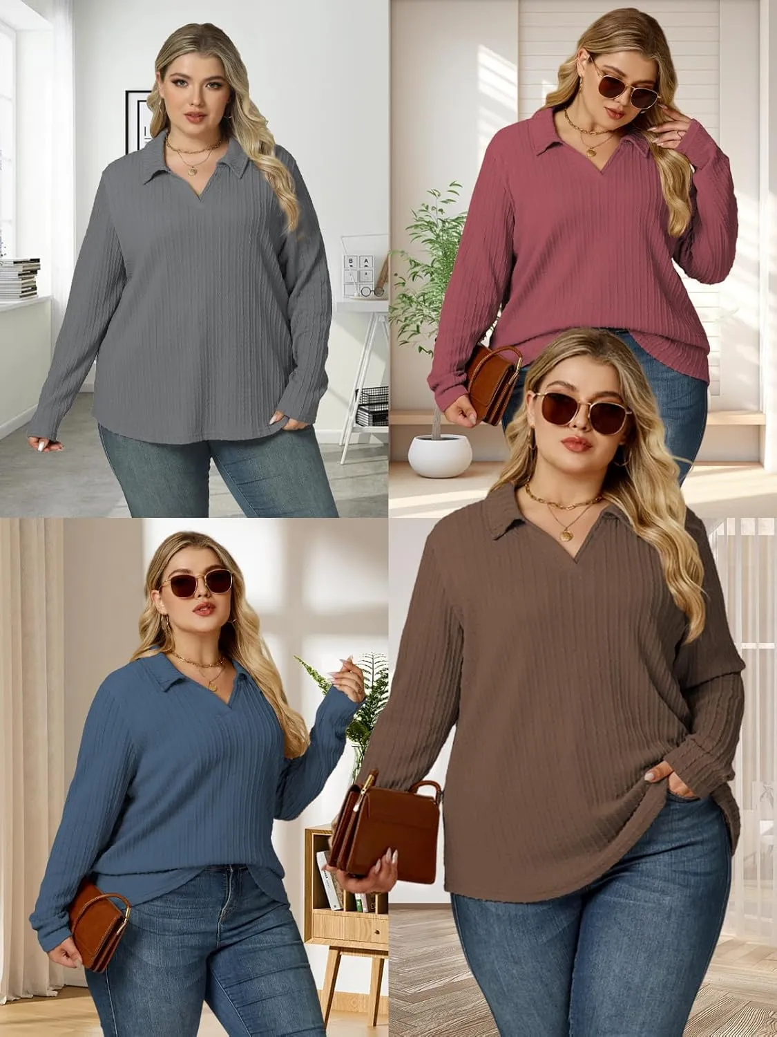 VISLILY Womens-Plus-Size-Tops-2025 Polo V Neck Shirts Lapel Collared Work Blouses Casual Long Sleeve Knit Tunics XL-5XL