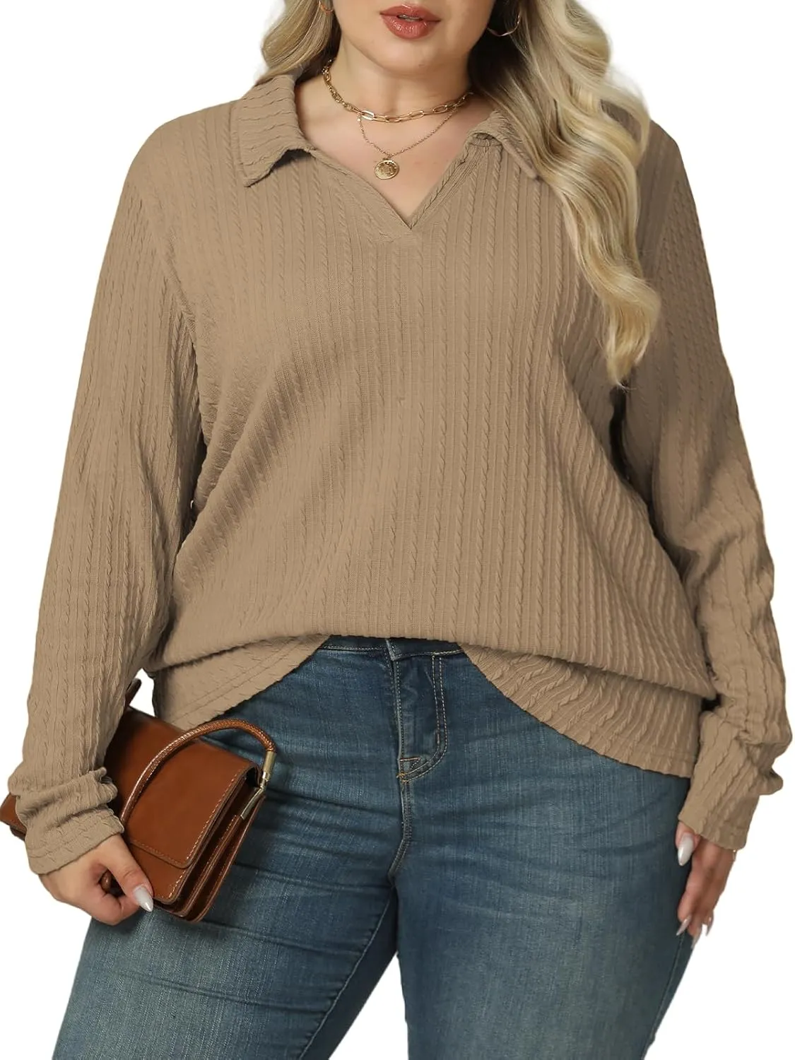 VISLILY Womens-Plus-Size-Tops-2025 Polo V Neck Shirts Lapel Collared Work Blouses Casual Long Sleeve Knit Tunics XL-5XL