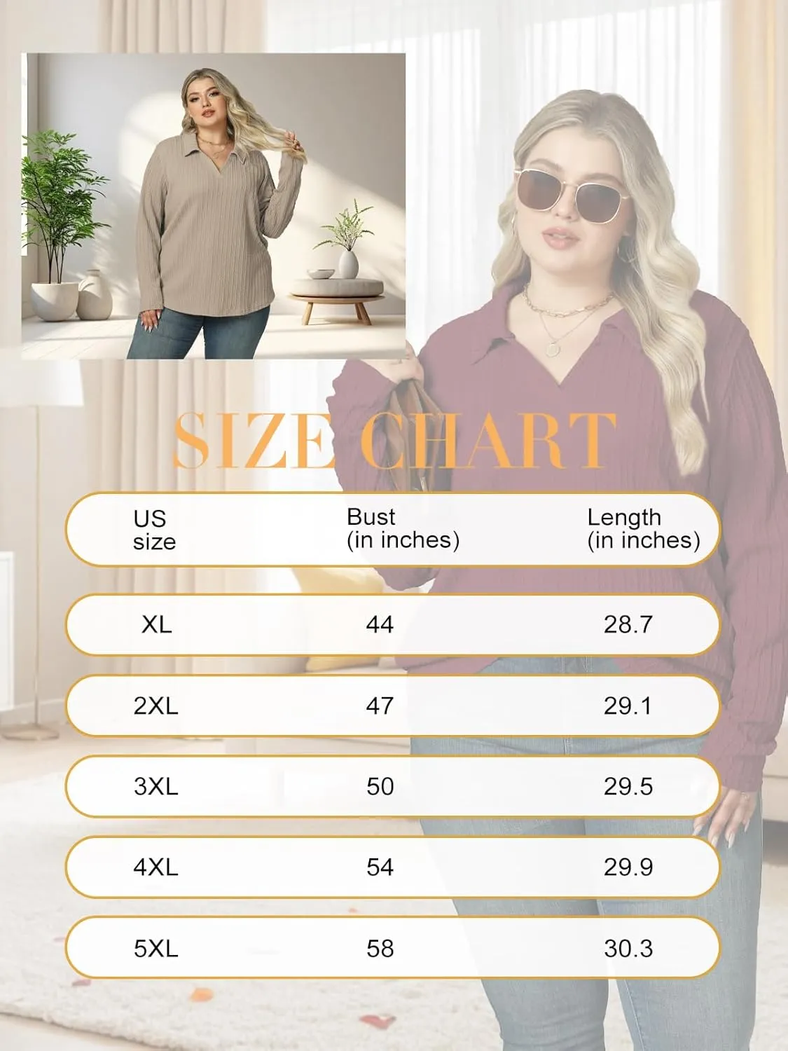VISLILY Womens-Plus-Size-Tops-2025 Polo V Neck Shirts Lapel Collared Work Blouses Casual Long Sleeve Knit Tunics XL-5XL