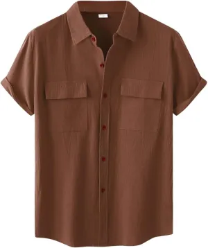Wankang Mens Casual Button-Down Shirts Short Sleeve Linen Collared Pockets T-Shirts Summer Beach Hawaiian T Shirt for Men