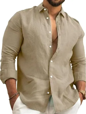 Wankang Men's Cotton Linen Shirts Long Sleeve Button Down Up T Shirt Plain Collared T-Shirts Casual Tee Beach Tshirt for Men