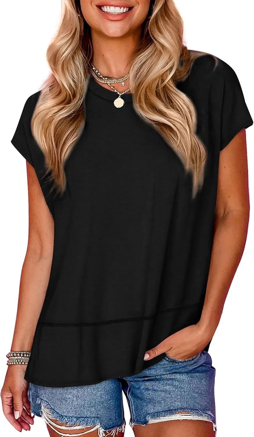 WEESO Womens Summer Tops 2025 Cap Short Sleeve T Shirts Trendy Dressy Casual Crew Neck Loose Fit Shirts