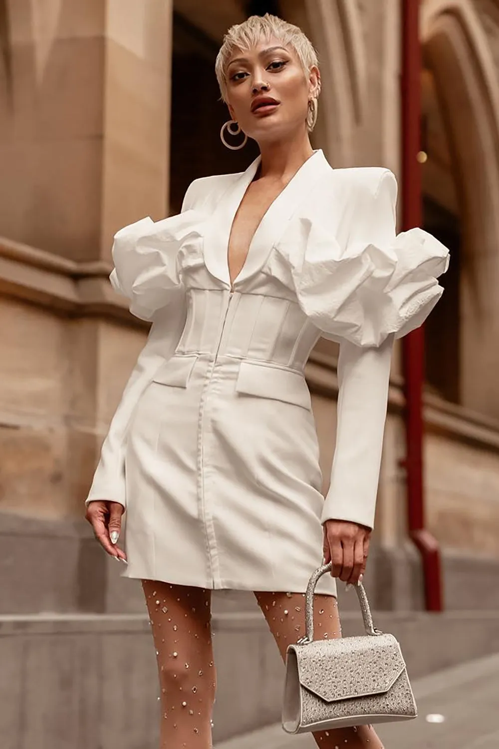White Deep V Blazer Dress