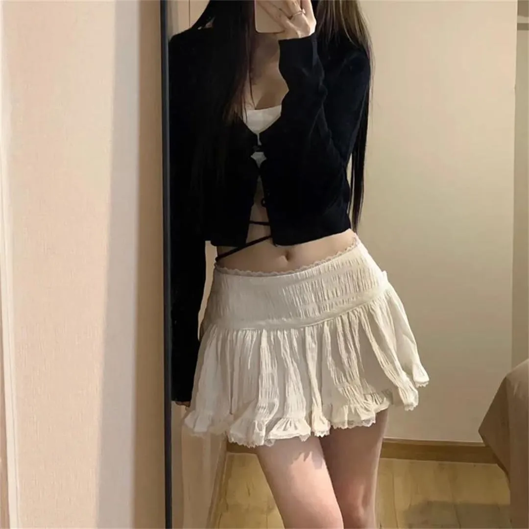White Lace Cake Skirt Summer for Women High Waisted White Fluffy Short Skirts