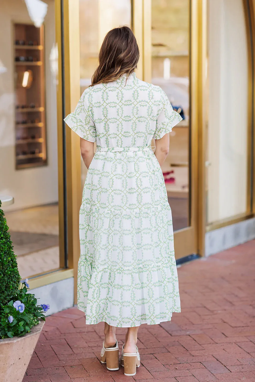 White W/ Green Pattern Button Up Dress