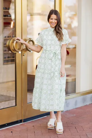 White W/ Green Pattern Button Up Dress