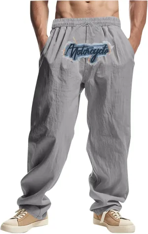 Wide Leg Linen Pants Men Summer Casual Elastic Waist Trousers with Pockets Relaxed Fit Beach Yoga Print Lounge Pants