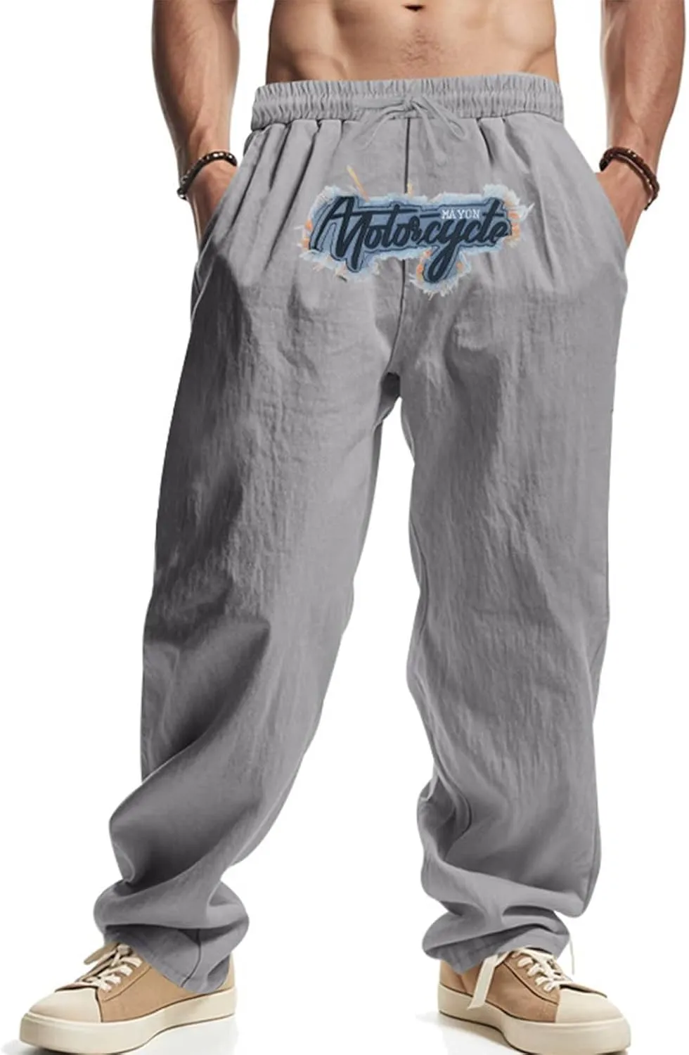 Wide Leg Linen Pants Men Summer Casual Elastic Waist Trousers with Pockets Relaxed Fit Beach Yoga Print Lounge Pants