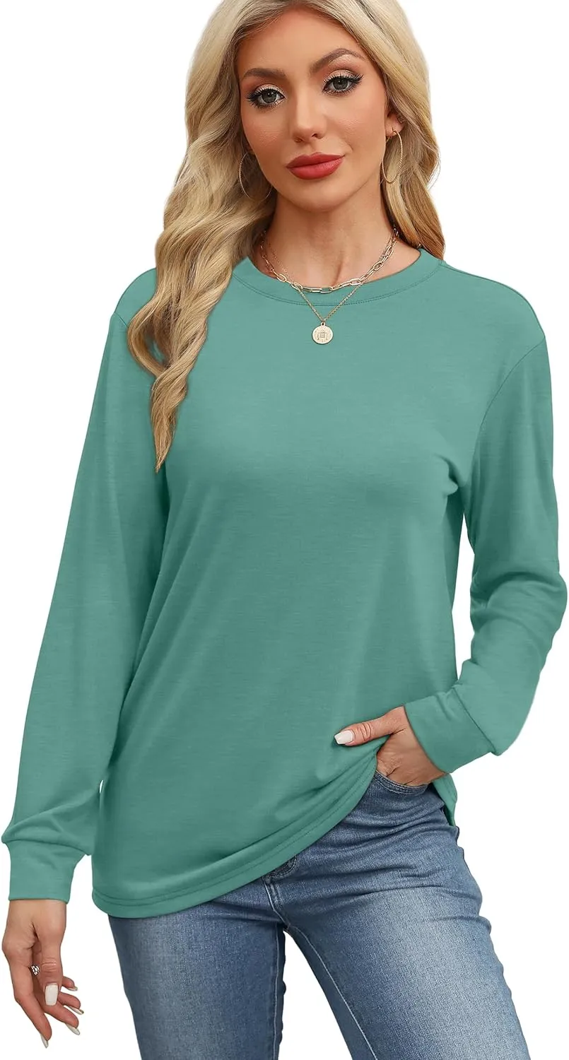 WIHOLL Womens Long Sleeve Shirts Loose Fits Fall Outfits Basic Casual Tunic Tops Crewneck Clothes