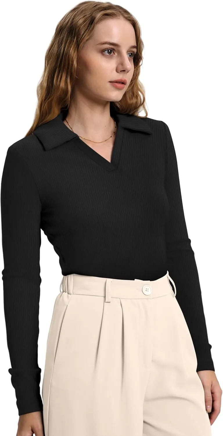 WIHOLL Womens Polo Shirts Long Sleeve Business Casual Tops Collared V Neck Ribbed Knit Sweater Slim Fit Blouses