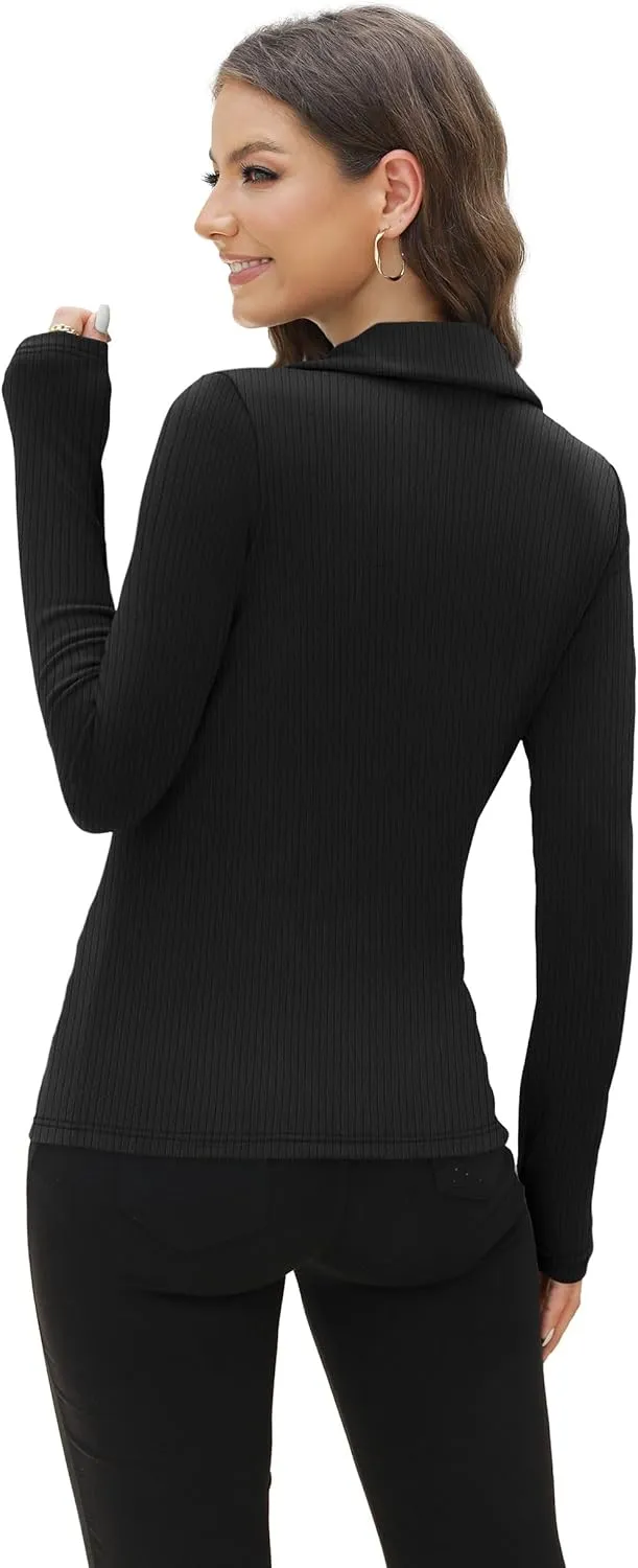 WIHOLL Womens Polo Shirts Long Sleeve Business Casual Tops Collared V Neck Ribbed Knit Sweater Slim Fit Blouses