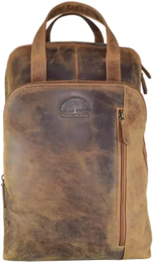WILD WOODS Leather Laptop Backpack for Men Women, 15.6 inch, Travel Backpack Purse, Professional College Business Work Bag, Carry On Backpack