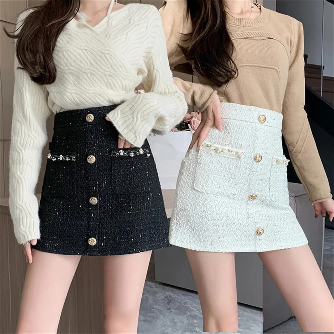 Women Elegant Mini Skirt Slim Office Buttons Pencil Skirt High Waisted Bodycon Skirt