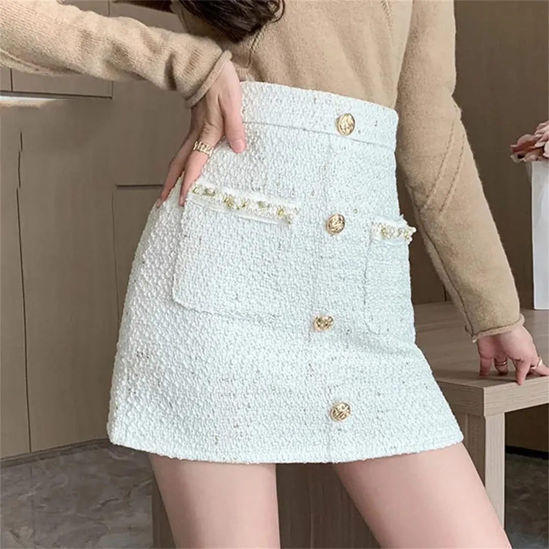 Women Elegant Mini Skirt Slim Office Buttons Pencil Skirt High Waisted Bodycon Skirt