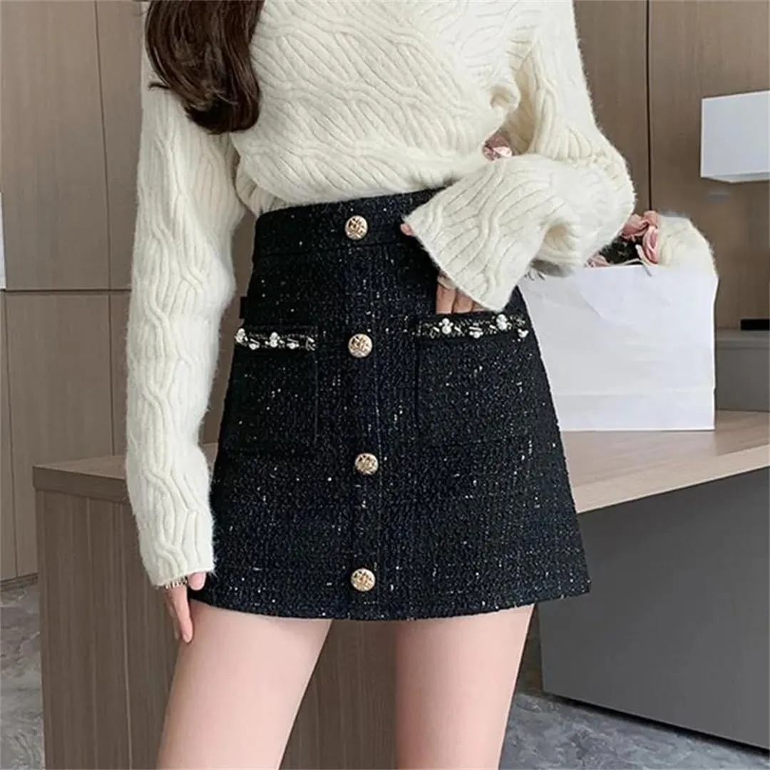 Women Elegant Mini Skirt Slim Office Buttons Pencil Skirt High Waisted Bodycon Skirt