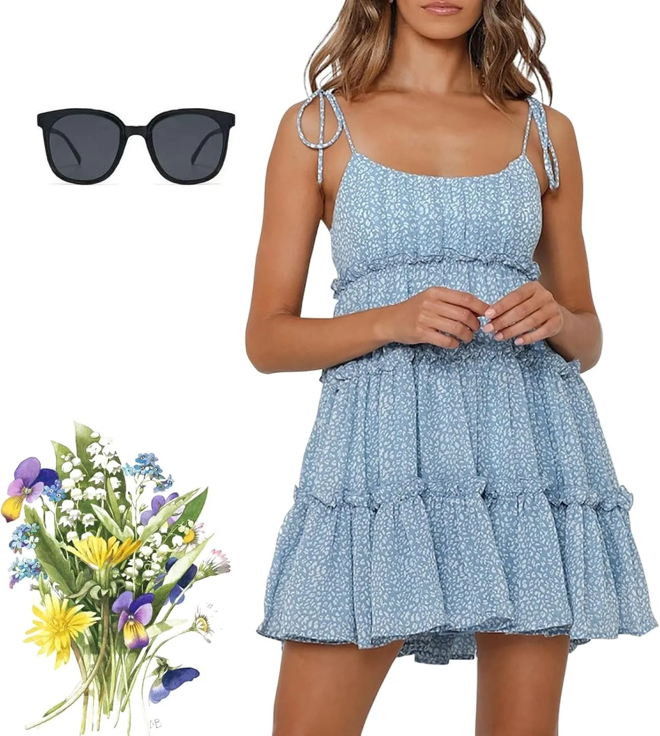 Women Floral Mini Dress, 2025 Casual Summer Spaghetti Strap Boho Sundress, Cute Y2K Chiffon Flowy Ruffle Tiered Dresses