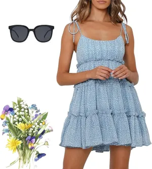 Women Floral Mini Dress, 2025 Casual Summer Spaghetti Strap Boho Sundress, Cute Y2K Chiffon Flowy Ruffle Tiered Dresses