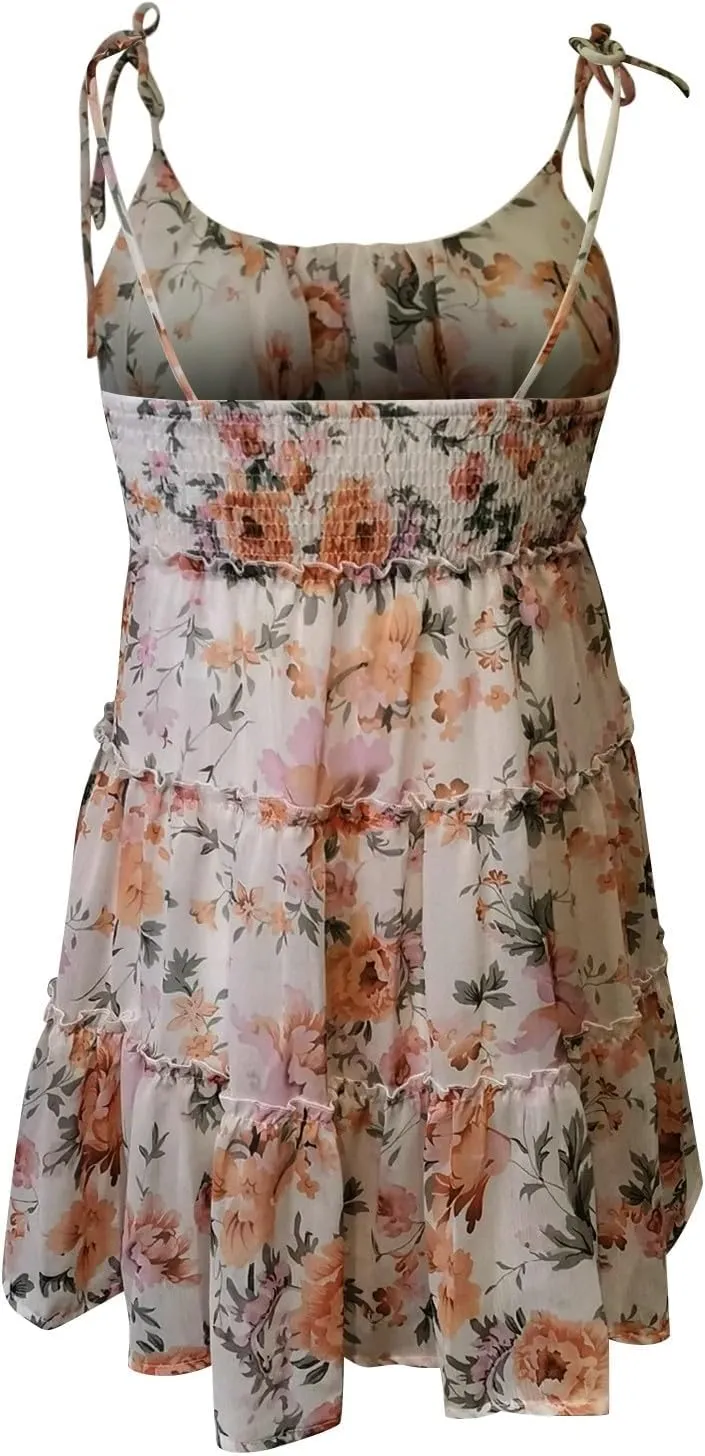 Women Floral Mini Dress Spaghetti Strap Ruffle Tiered Dress, 2025 Boho Flowy Skater Sleeveless Beach Dresses Sundresses