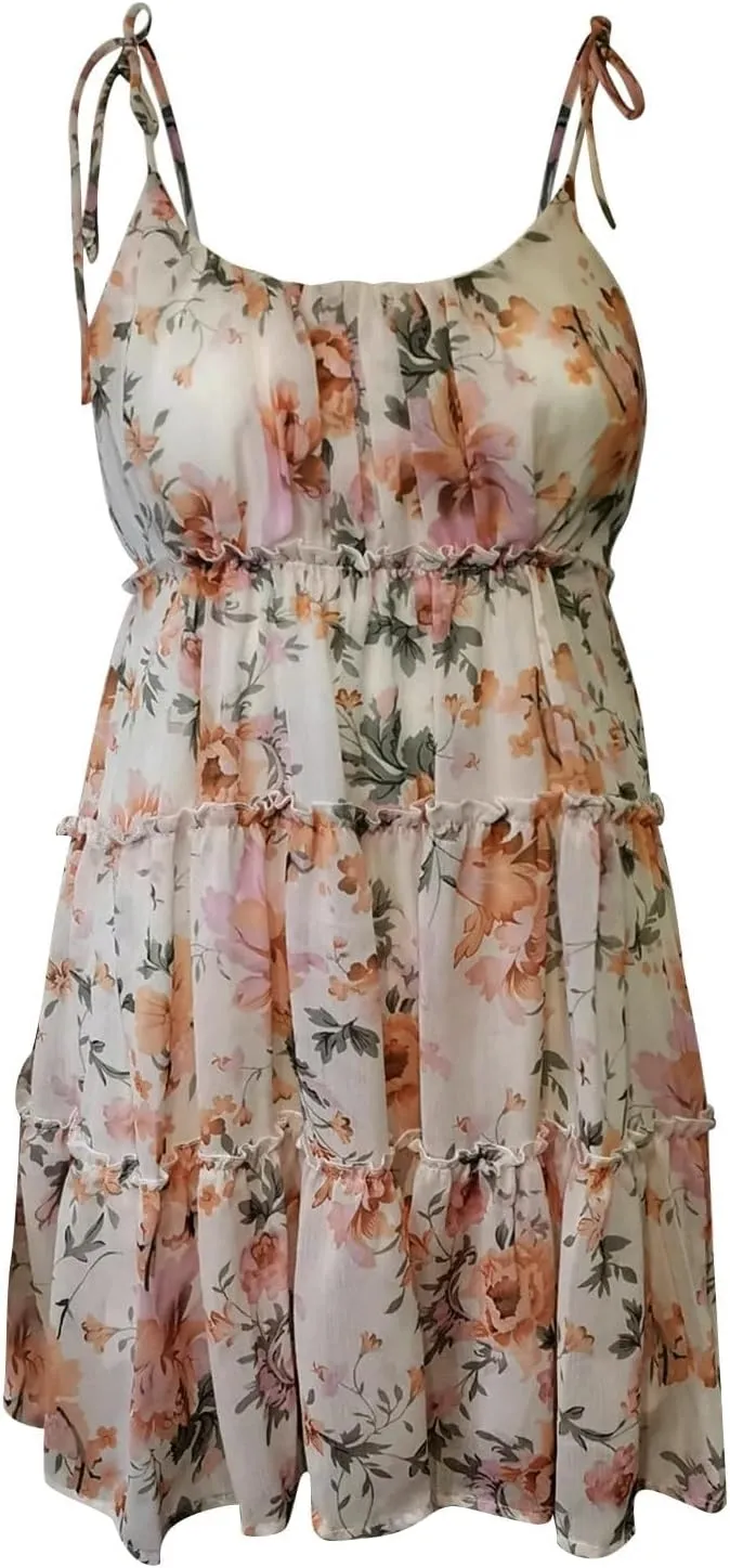 Women Floral Mini Dress Spaghetti Strap Ruffle Tiered Dress, 2025 Boho Flowy Skater Sleeveless Beach Dresses Sundresses