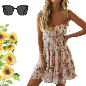 Women Floral Mini Dress Spaghetti Strap Ruffle Tiered Dress, 2025 Boho Flowy Skater Sleeveless Beach Dresses Sundresses