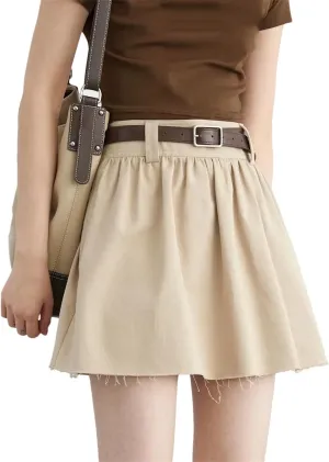 Women Loose Solid Cotton High Waisted Pleated Skirt A-Line Lightweight Flared Casual Mini Skirts