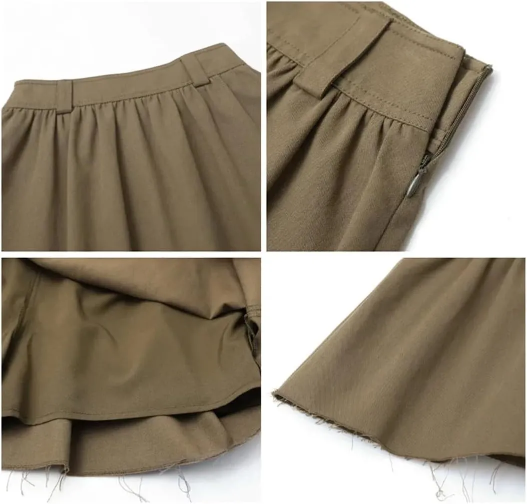 Women Loose Solid Cotton High Waisted Pleated Skirt A-Line Lightweight Flared Casual Mini Skirts