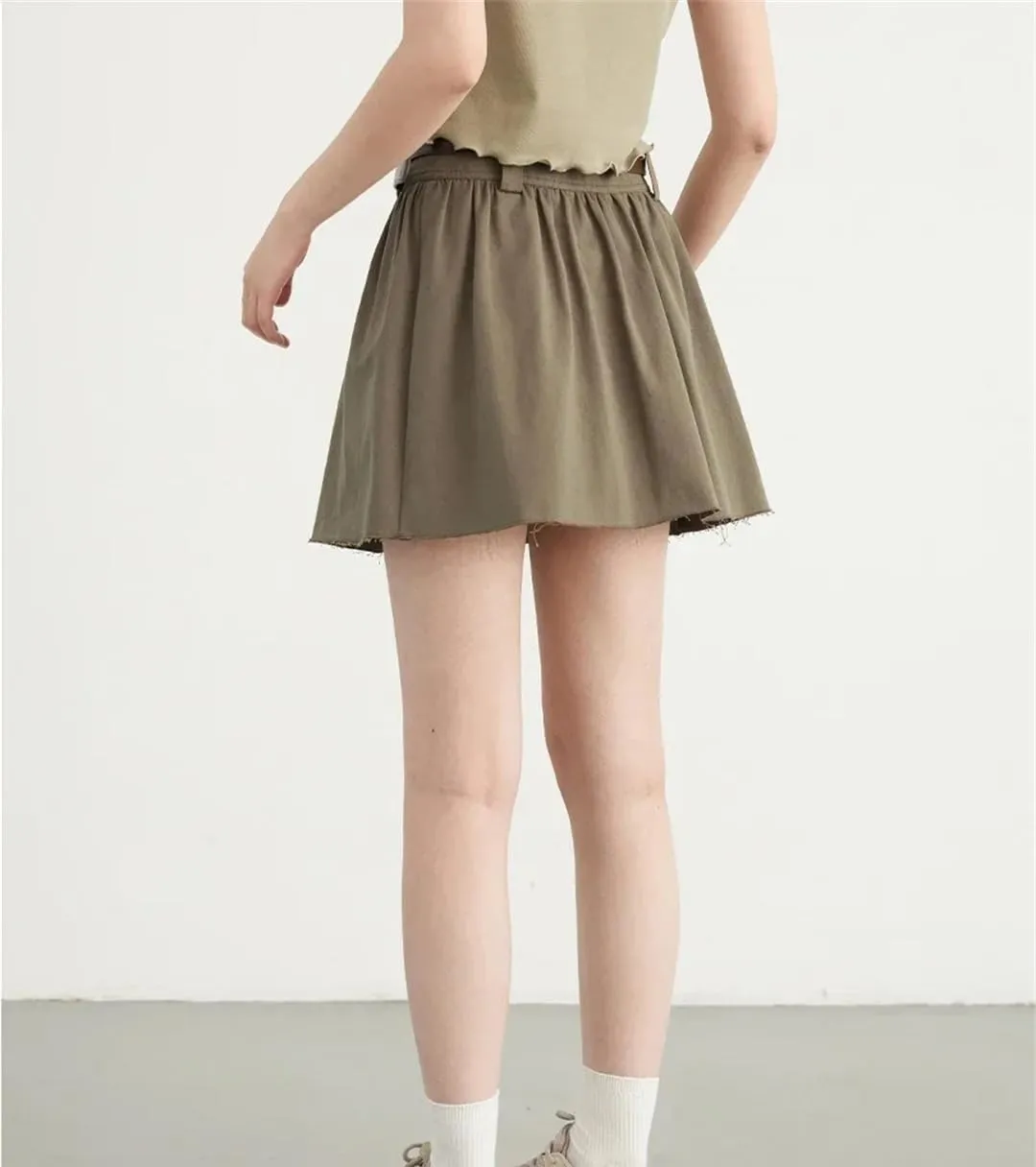 Women Loose Solid Cotton High Waisted Pleated Skirt A-Line Lightweight Flared Casual Mini Skirts