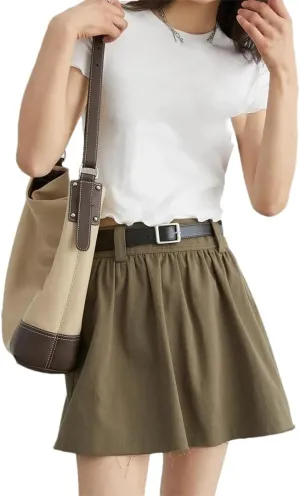 Women Loose Solid Cotton High Waisted Pleated Skirt A-Line Lightweight Flared Casual Mini Skirts
