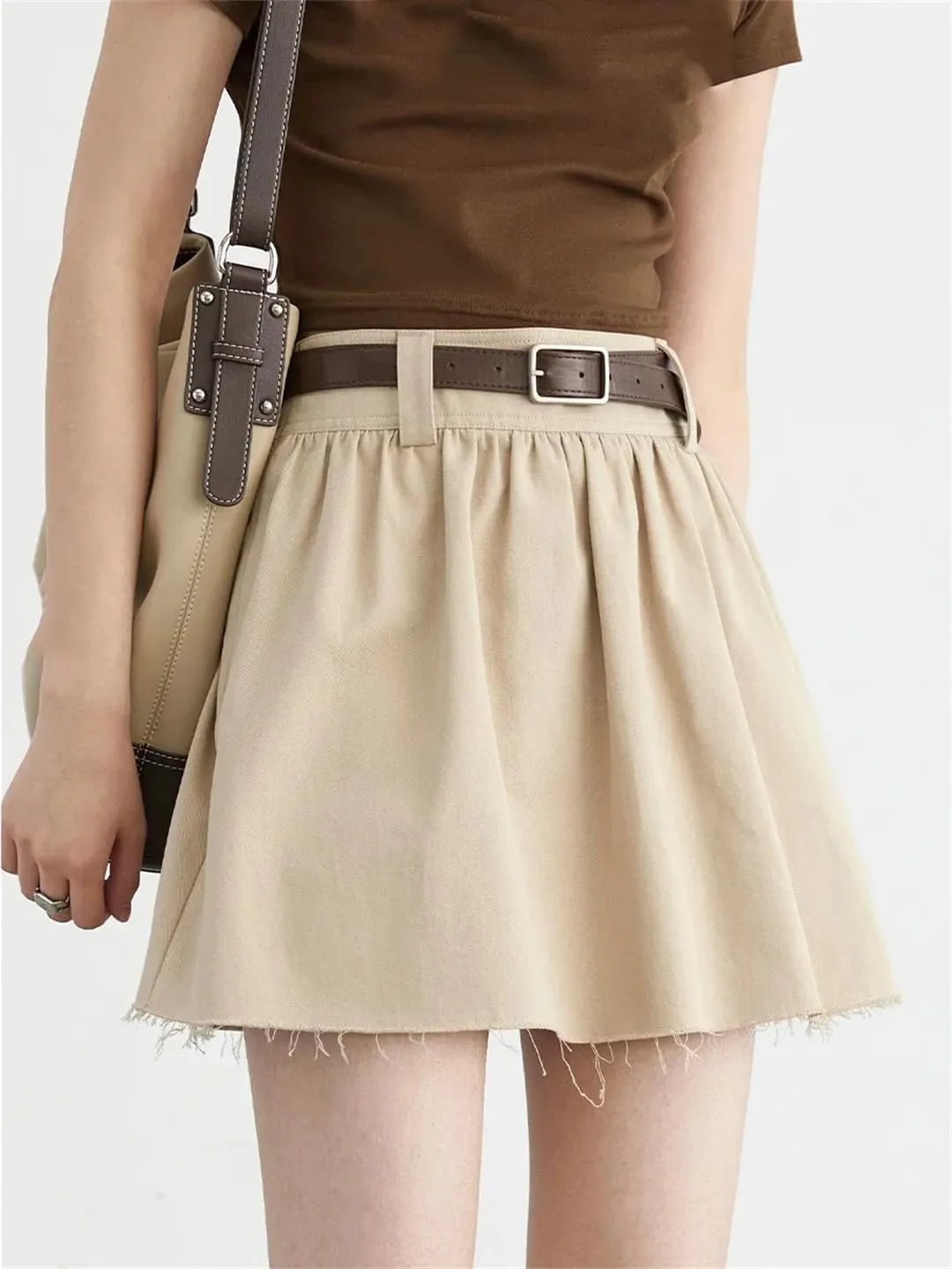 Women Loose Solid Cotton High Waisted Pleated Skirt A-Line Lightweight Flared Casual Mini Skirts