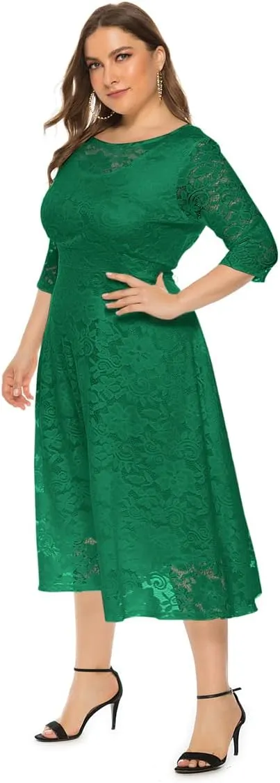 Women Plus Size Summer Dresses Lace Round Neck Midi Party Wedding Dresses