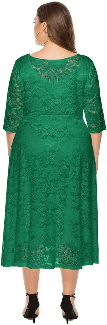 Women Plus Size Summer Dresses Lace Round Neck Midi Party Wedding Dresses