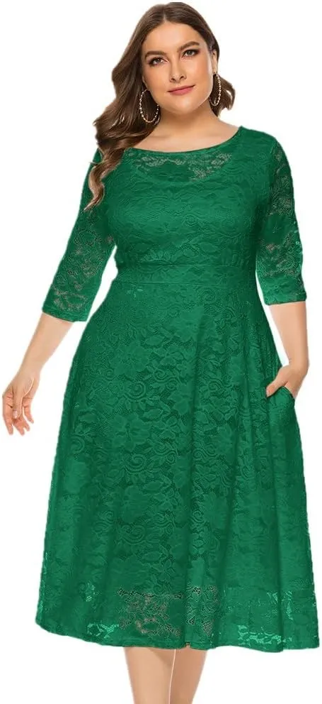Women Plus Size Summer Dresses Lace Round Neck Midi Party Wedding Dresses