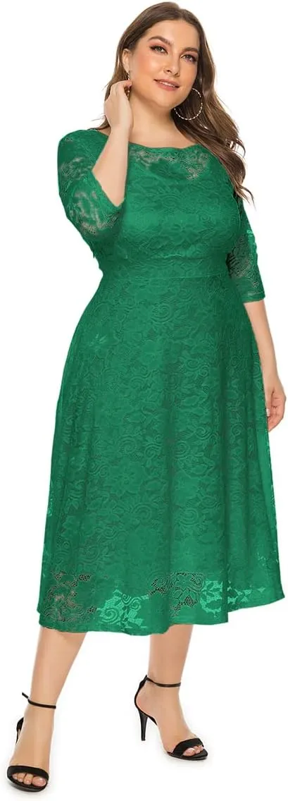 Women Plus Size Summer Dresses Lace Round Neck Midi Party Wedding Dresses