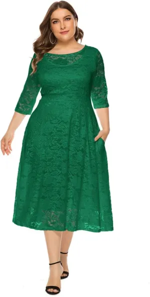 Women Plus Size Summer Dresses Lace Round Neck Midi Party Wedding Dresses