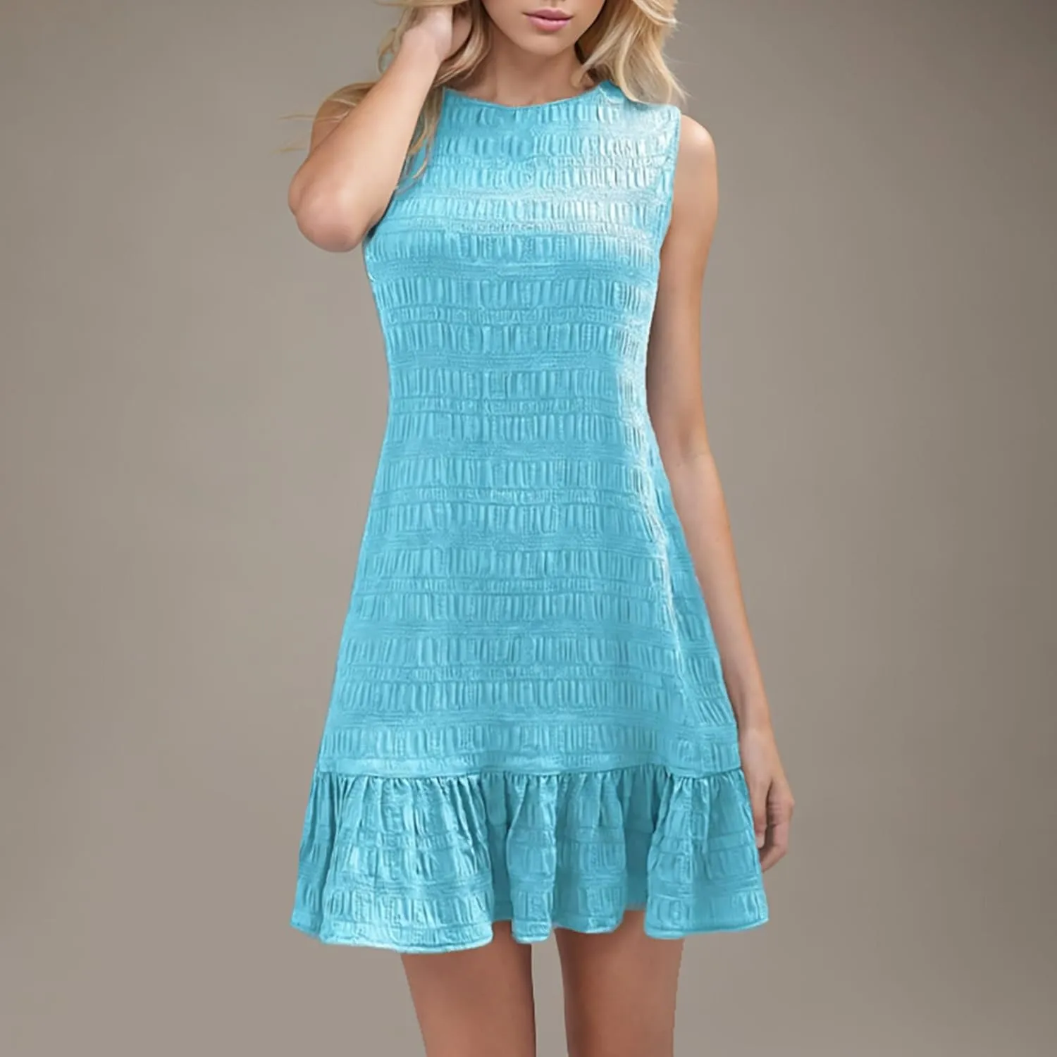 Women Ruffle Hem Sleeveless Tank Dress Casual Crewneck Smock Summer Mini Dresses Trendy Loose Holiday Beach Sundress