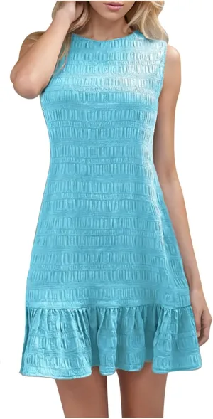 Women Ruffle Hem Sleeveless Tank Dress Casual Crewneck Smock Summer Mini Dresses Trendy Loose Holiday Beach Sundress