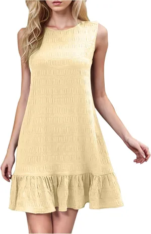 Women Ruffle Hem Sleeveless Tank Dress Casual Crewneck Smock Summer Mini Dresses Trendy Loose Holiday Beach Sundress