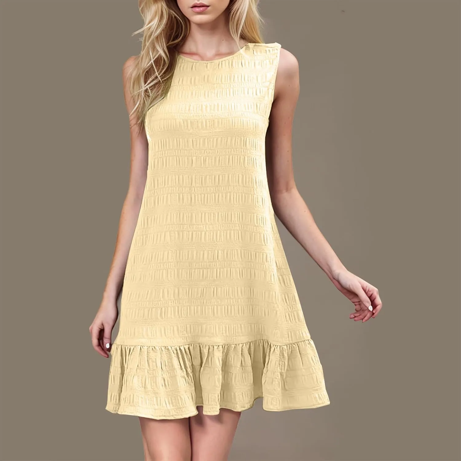 Women Ruffle Hem Sleeveless Tank Dress Casual Crewneck Smock Summer Mini Dresses Trendy Loose Holiday Beach Sundress