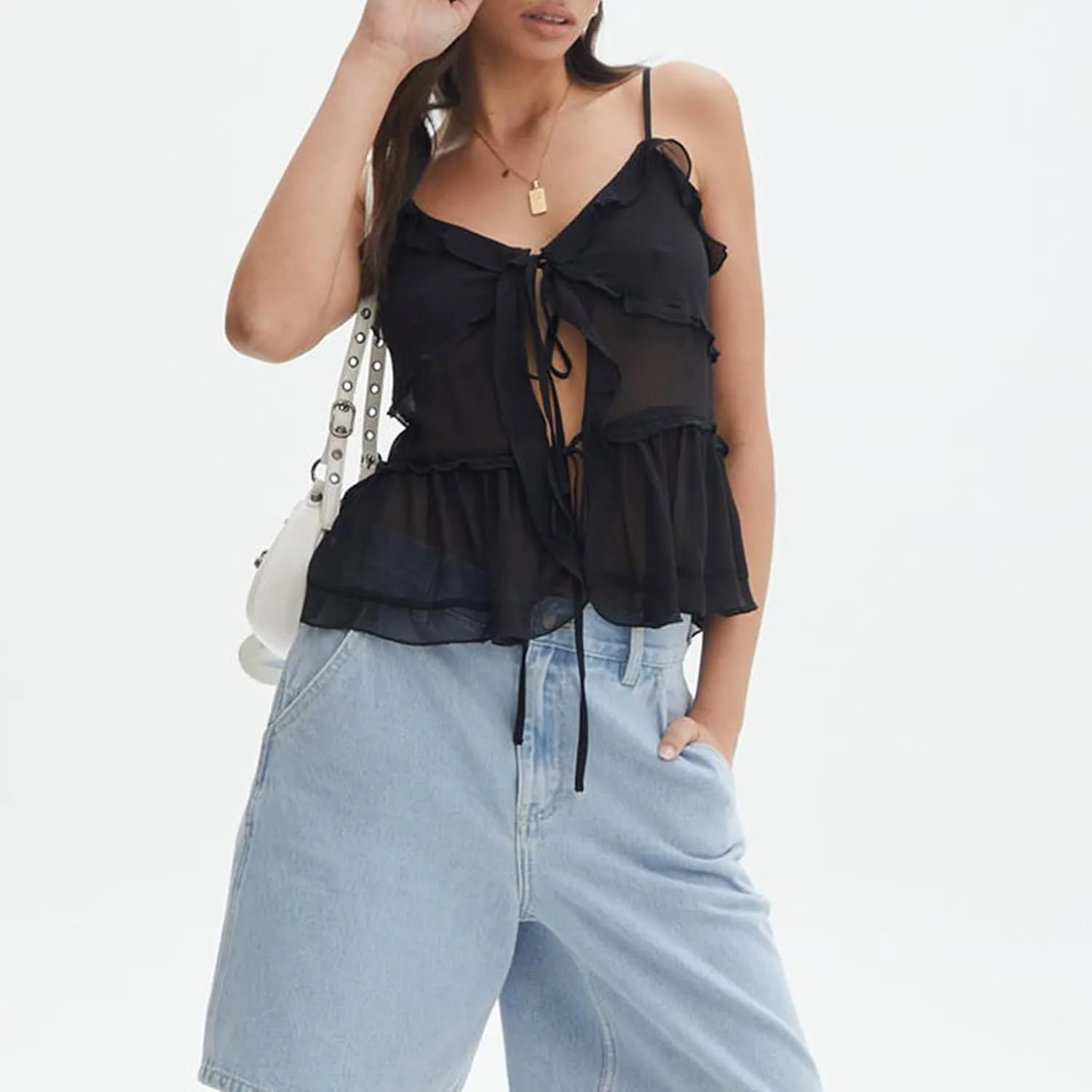 Women Sexy Tank Top Y2k Mesh Lace Halter Strap Backless Sleeveless Sexy Low Neck Crop Cami Slim Going Out Camisole