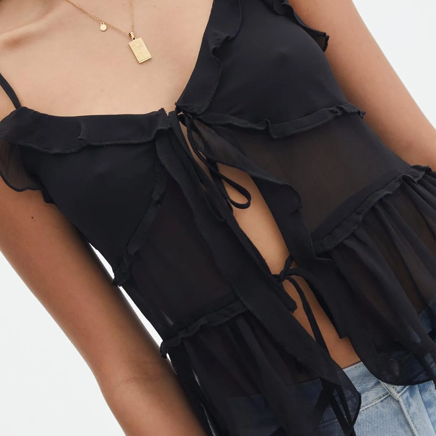 Women Sexy Tank Top Y2k Mesh Lace Halter Strap Backless Sleeveless Sexy Low Neck Crop Cami Slim Going Out Camisole