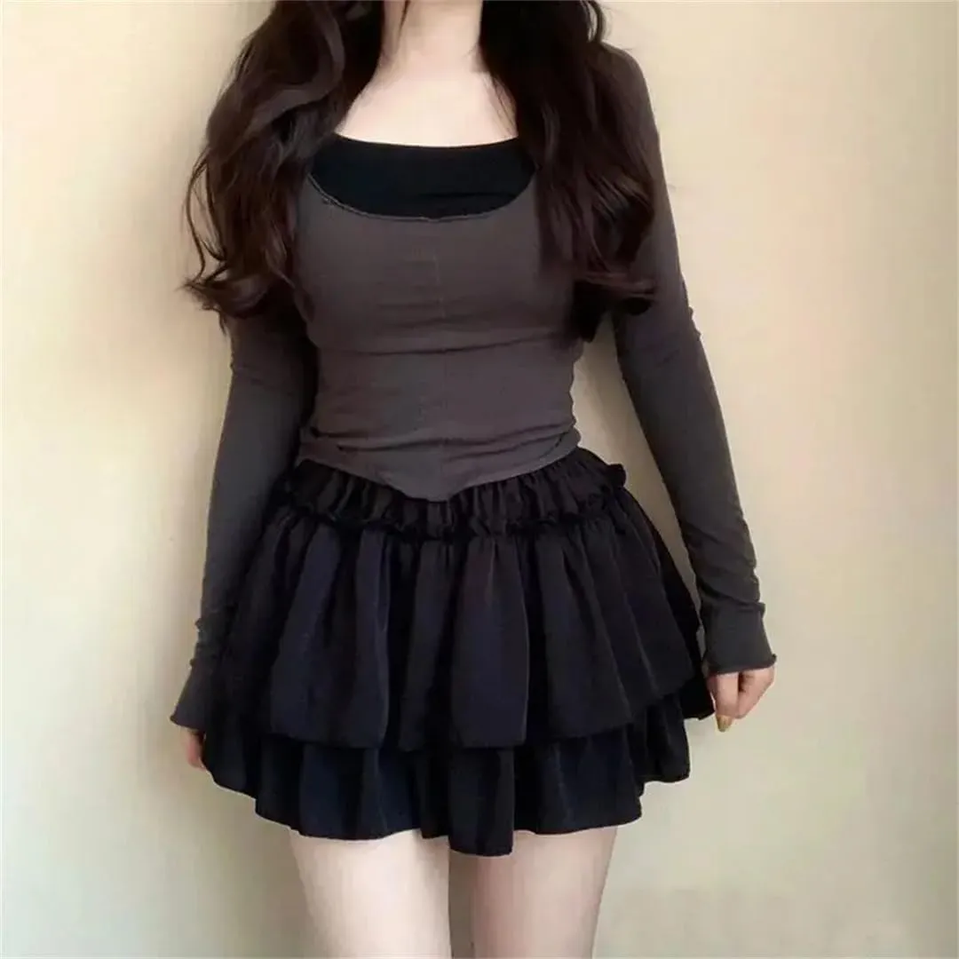 Women Summer Elastic Waist Pleated Fluffy Skirt Solid Youth Loose Casual Pleated A Line Skirt
