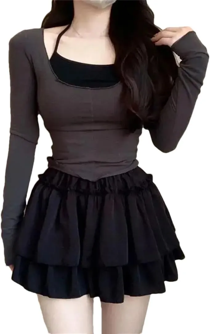 Women Summer Elastic Waist Pleated Fluffy Skirt Solid Youth Loose Casual Pleated A Line Skirt