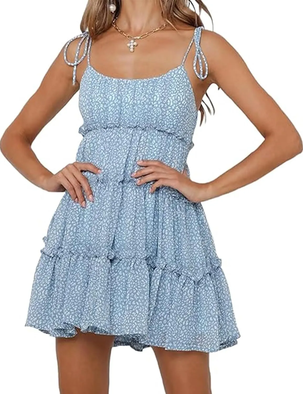 Womens 2024 Summer Floral Mini Dress Boho Flowy Skater Sundresses Short Sleeveless Ruffle Spaghetti Strap Dresses