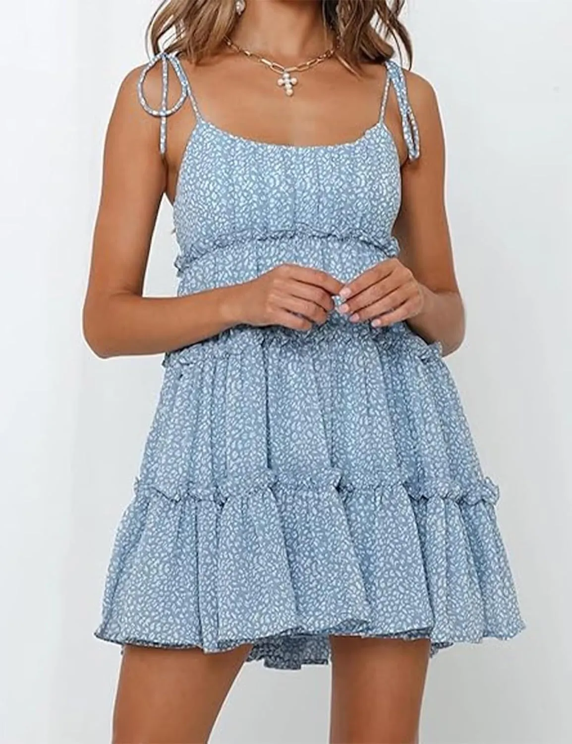Womens 2024 Summer Floral Mini Dress Boho Flowy Skater Sundresses Short Sleeveless Ruffle Spaghetti Strap Dresses