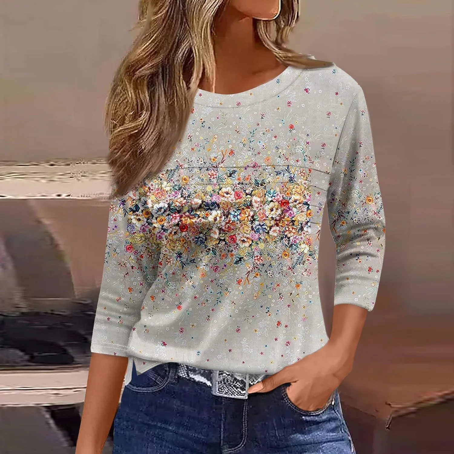 Womens 3/4 Length Sleeve Tops Casual Crewneck Pleated T-Shirts Loose Fit Fashion Tunic Tops