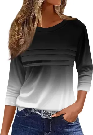 Womens 3/4 Length Sleeve Tops Casual Crewneck Pleated T-Shirts Loose Fit Fashion Tunic Tops